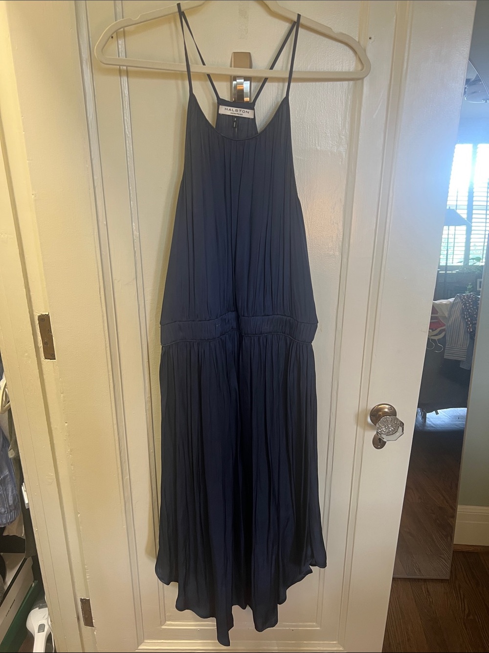 Halston Heritage Navy Blue Pleated Spaghetti Strap Midi Dress